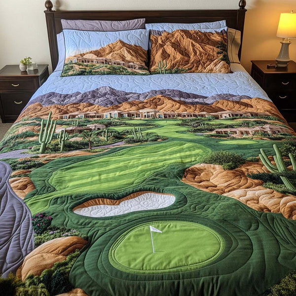 Arizona Golf Outback quilted 3-piece bedding set on a made bed with two matching pillow shams