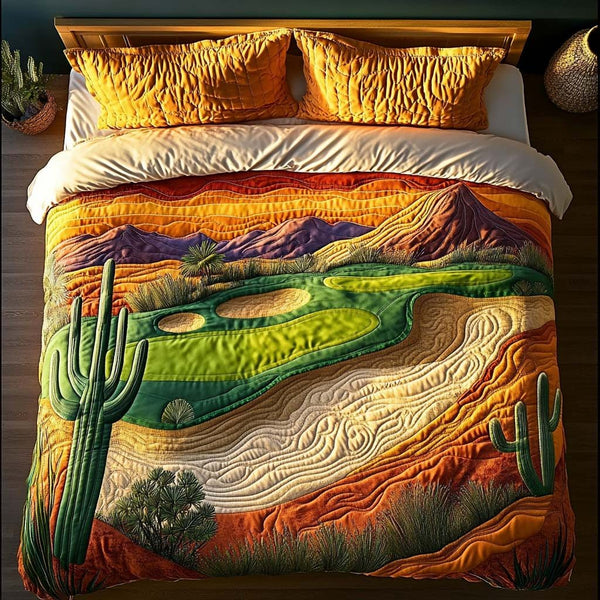 Arizona Golf Rangeview quilted 3-piece bedding set on a made bed with two matching pillow shams