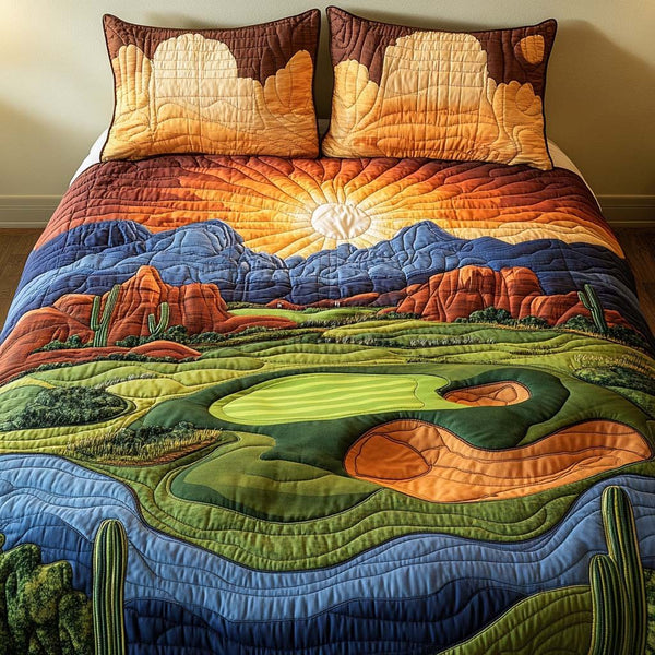 Arizona Golf Retreat quilted 3-piece bedding set on a made bed with two matching pillow shams