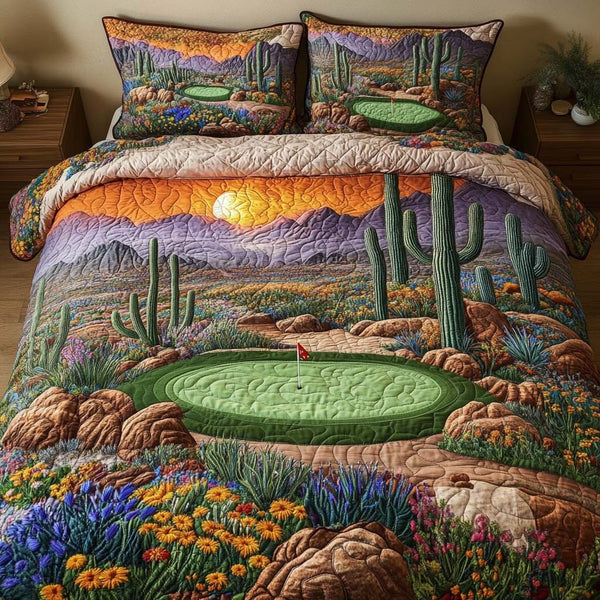 Arizona Golf Sands quilted 3-piece bedding set on a made bed with two matching pillow shams