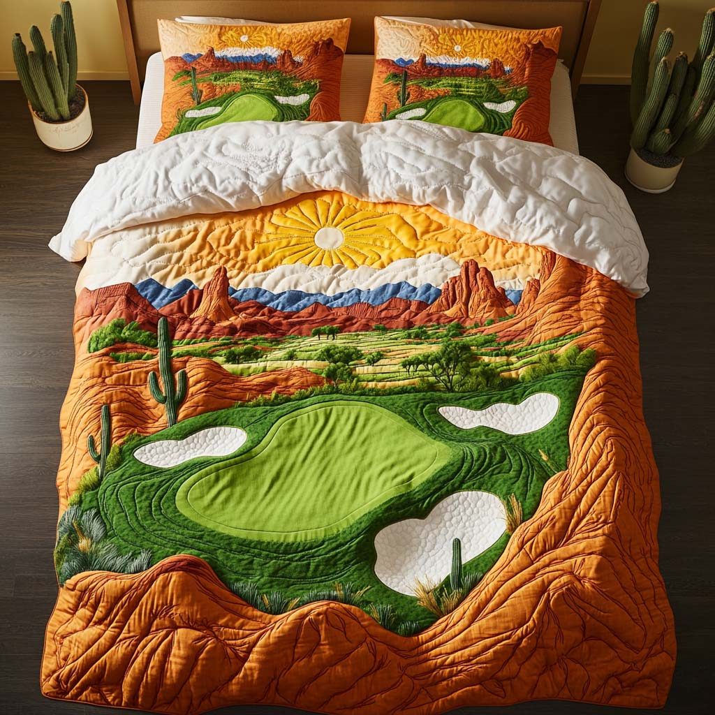 Arizona Golf Spirit quilted 3-piece bedding set on a made bed with two matching pillow shams