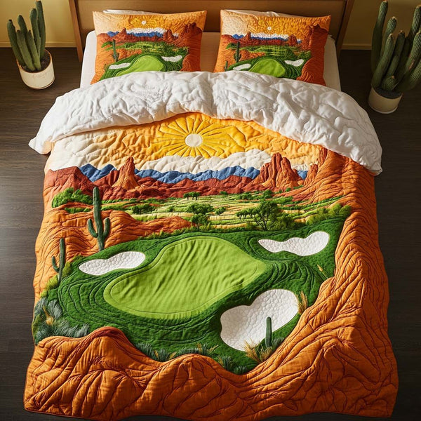 Arizona Golf Spirit quilted 3-piece bedding set on a made bed with two matching pillow shams