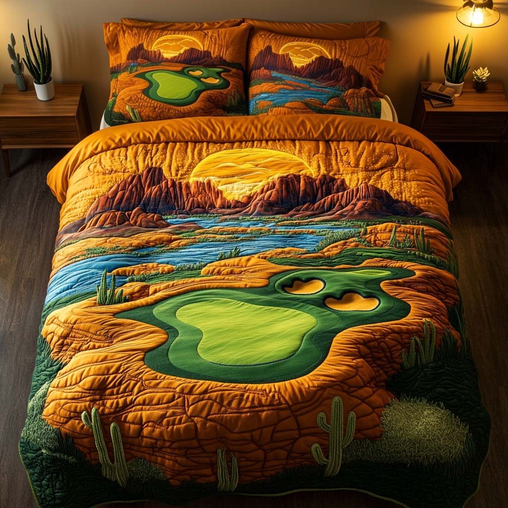 Arizona Golf Sunrise quilted 3-piece bedding set on a made bed with two matching pillow shams