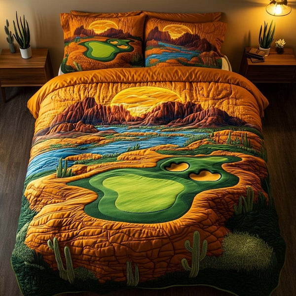 Arizona Golf Sunrise quilted 3-piece bedding set on a made bed with two matching pillow shams