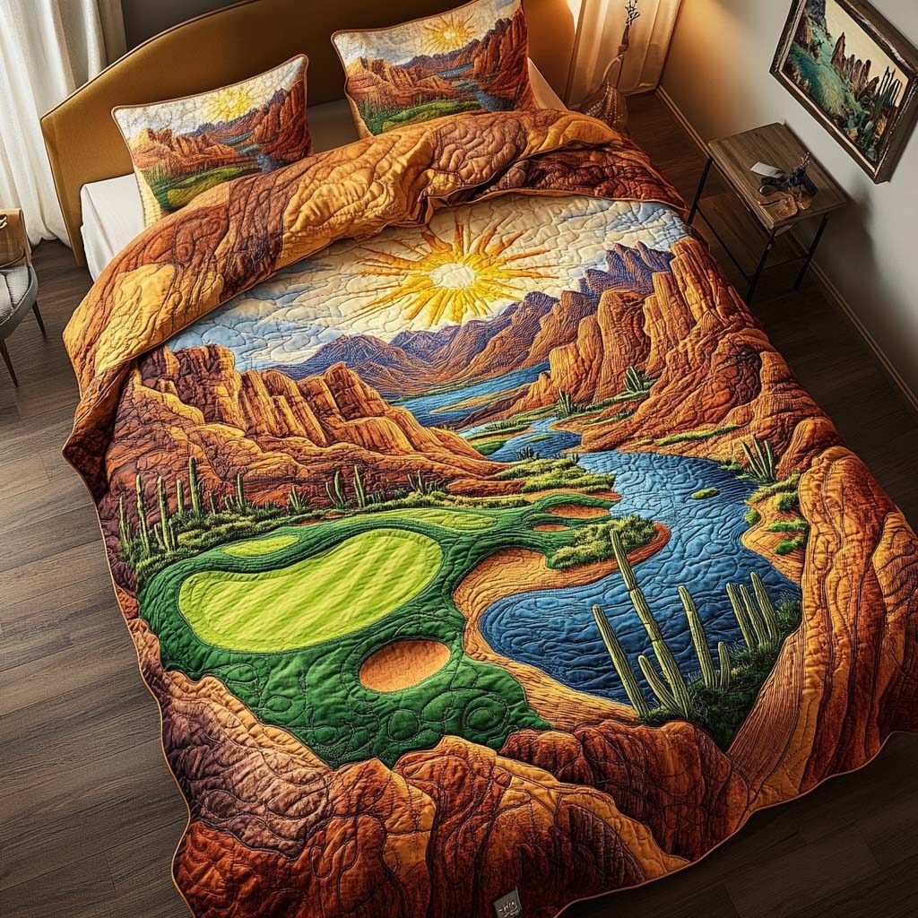 Arizona Golf Terrain quilted 3-piece bedding set on a made bed with two matching pillow shams
