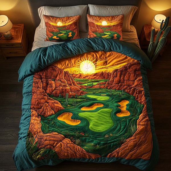 Arizona Golf Vibes quilted 3-piece bedding set on a made bed with two matching pillow shams