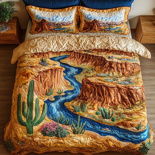 Arizona Gorge Trail quilted 3-piece bedding set on a made bed with two matching pillow shams
