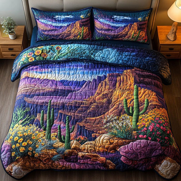 Arizona Horizon quilted 3-piece bedding set on a made bed with two matching pillow shams