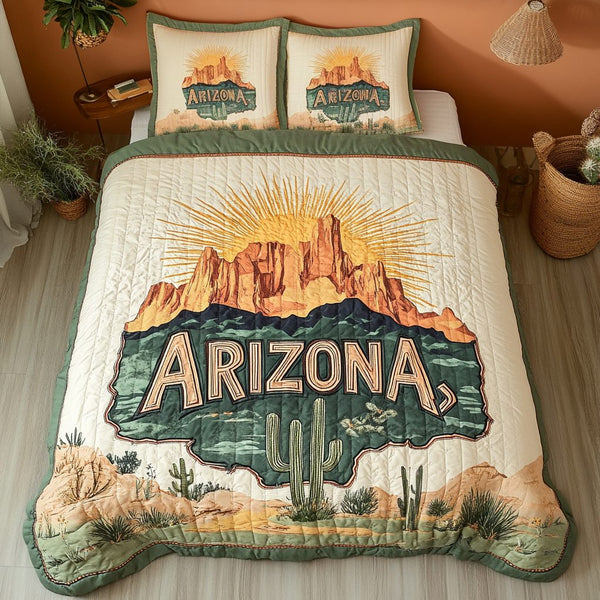 Arizona Horizon quilted 3-piece bedding set on a made bed with two matching pillow shams