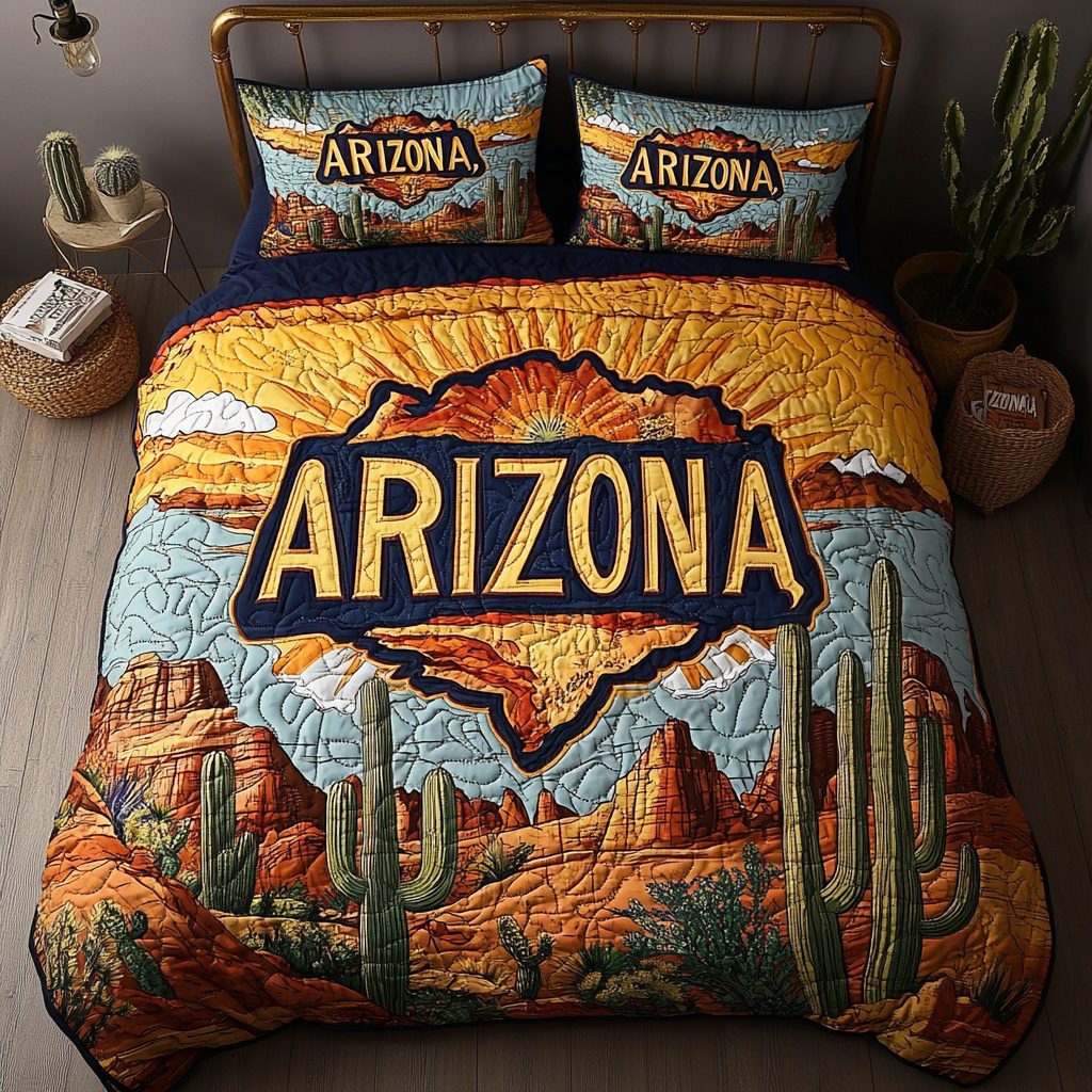Arizona Landscape quilted 3-piece bedding set on a made bed with two matching pillow shams