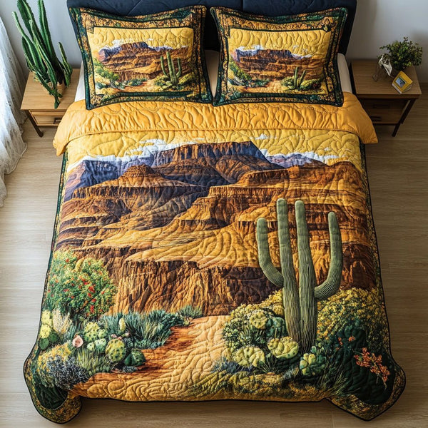 Arizona Oasis quilted 3-piece bedding set on a made bed with two matching pillow shams