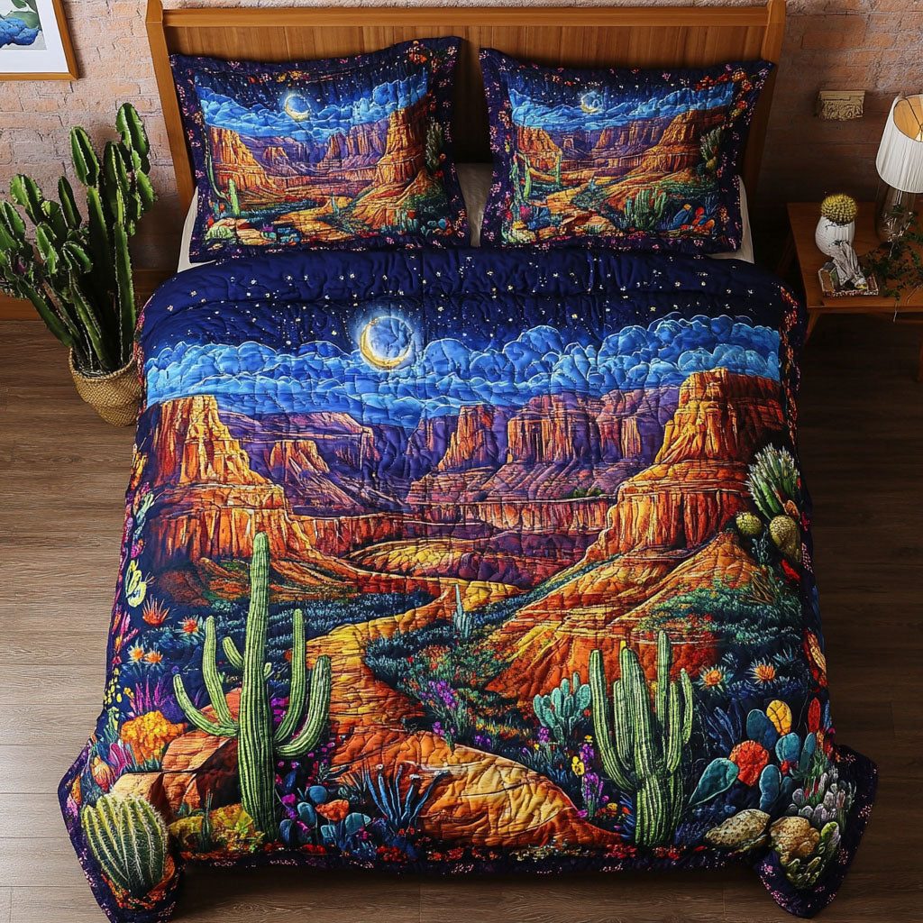 Arizona Oasis quilted 3-piece bedding set on a made bed with two matching pillow shams