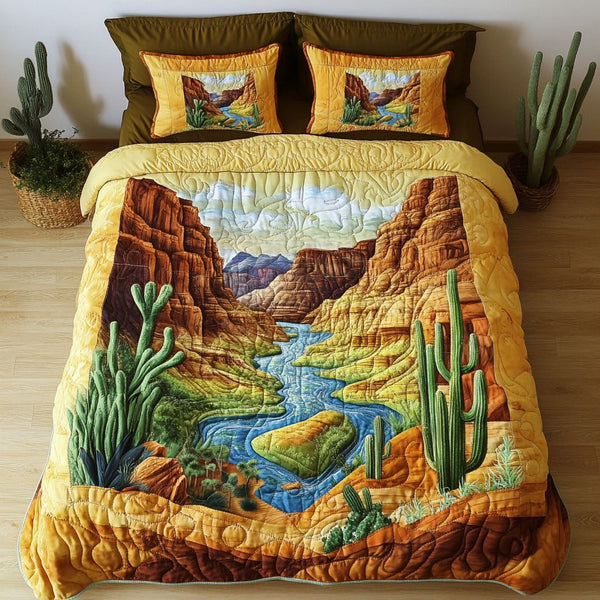 Arizona River Flow quilted 3-piece bedding set on a made bed with two matching pillow shams