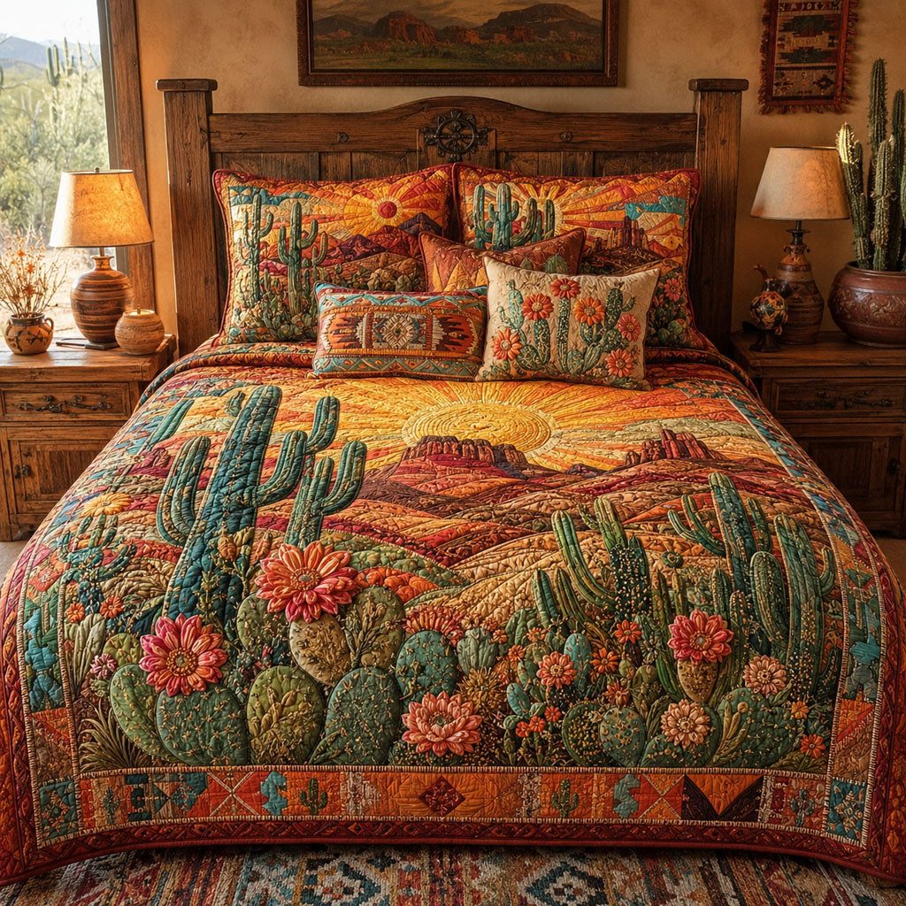 Arizona Skyfire quilted 3-piece bedding set on a made bed with two matching pillow shams