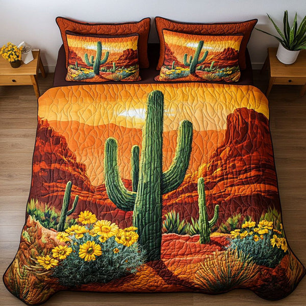 Arizona Sunset Bloom quilted 3-piece bedding set on a made bed with two matching pillow shams