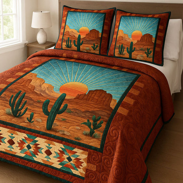 Arizona Sunset quilted 3-piece bedding set on a made bed with two matching pillow shams
