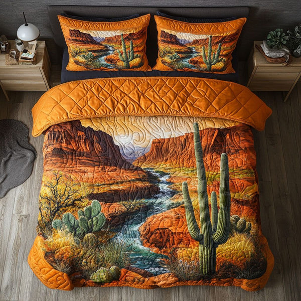 Arizona Sunset quilted 3-piece bedding set on a made bed with two matching pillow shams