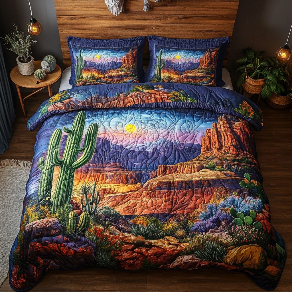 Arizona Sunset quilted 3-piece bedding set on a made bed with two matching pillow shams