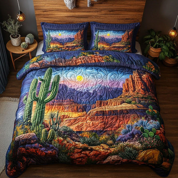 Arizona Sunset quilted 3-piece bedding set on a made bed with two matching pillow shams