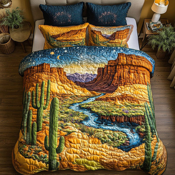 Arizona Twilight quilted 3-piece bedding set on a made bed with two matching pillow shams