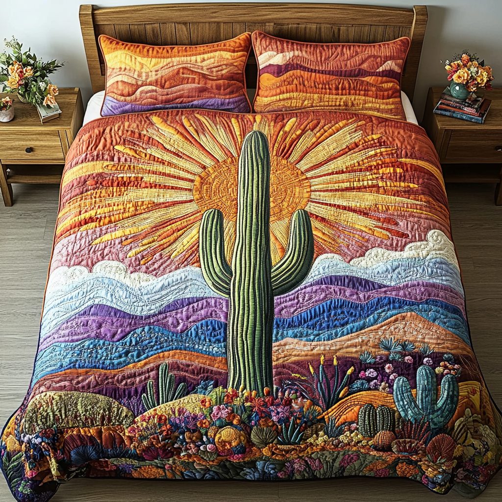 Arizona Vibes quilted 3-piece bedding set on a made bed with two matching pillow shams