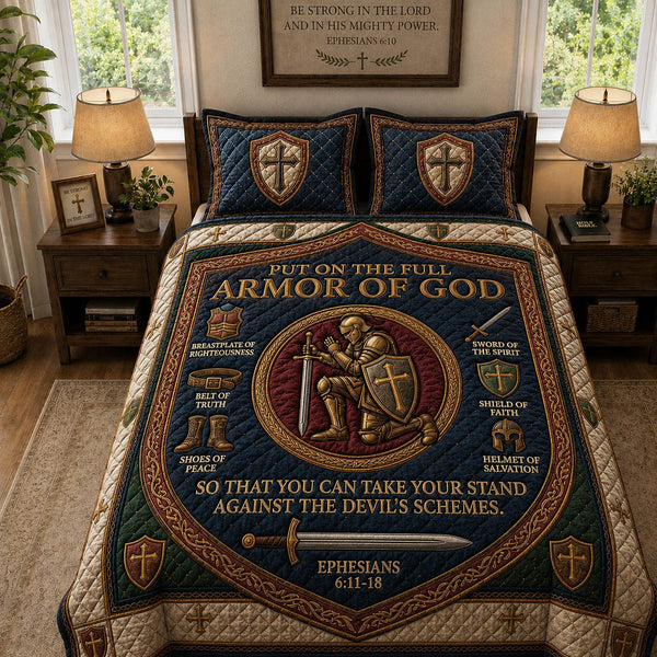 Armor Of God Ephesians quilted 3-piece bedding set on a made bed in a softly lit bedroom