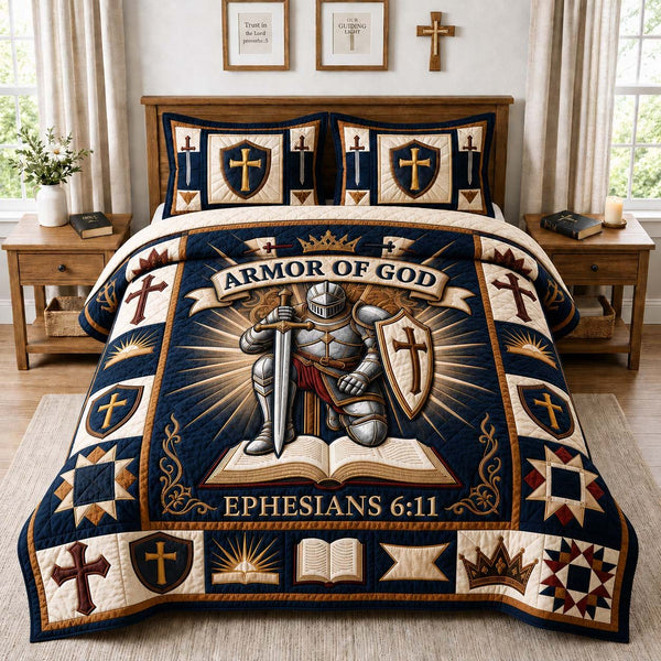 Armor of God quilted 3-piece bedding set on a made bed in a softly lit bedroom