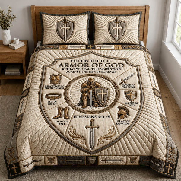 Armor Of God quilted 3-piece bedding set on a made bed in a softly lit bedroom