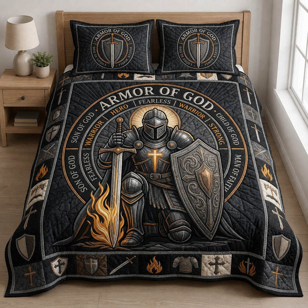 Armor Of God quilted 3-piece bedding set on a made bed in a softly lit bedroom