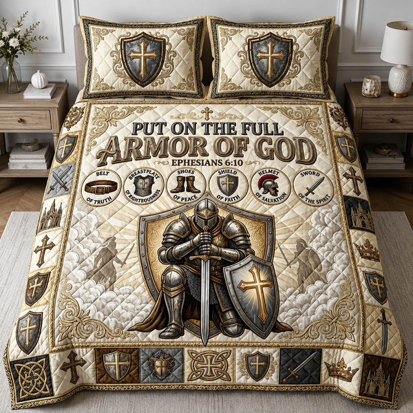 Armor Of God quilted 3-piece bedding set on a made bed in a softly lit bedroom