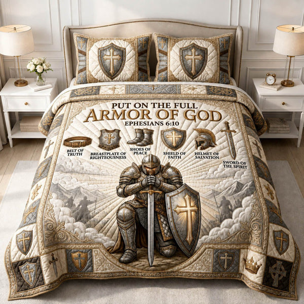 Armor Of God quilted 3-piece bedding set on a made bed in a softly lit bedroom