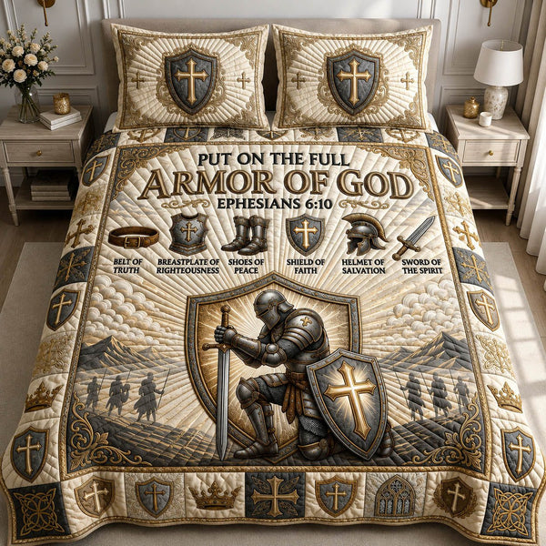 Armor Of God quilted 3-piece bedding set on a made bed in a softly lit bedroom