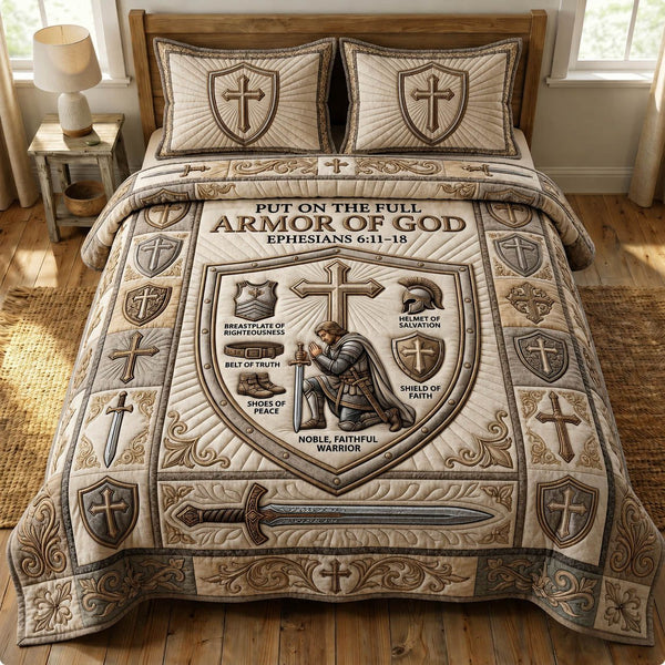 Armor Of God quilted 3-piece bedding set on a made bed in a softly lit bedroom