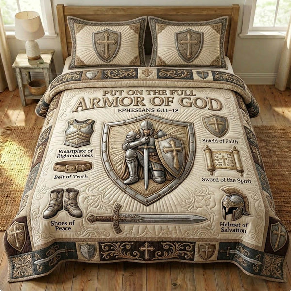 Armor Of God quilted 3-piece bedding set on a made bed in a softly lit bedroom