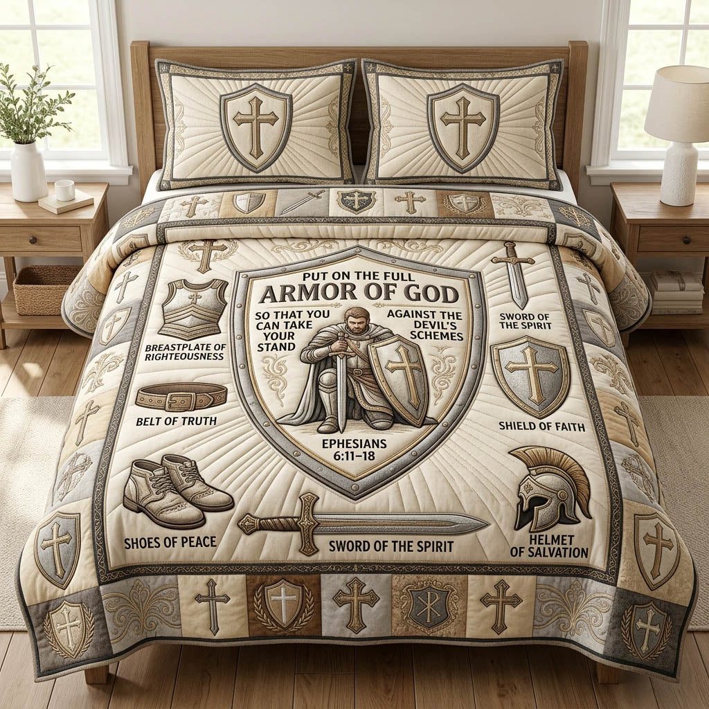 Armor Of God quilted 3-piece bedding set on a made bed in a softly lit bedroom
