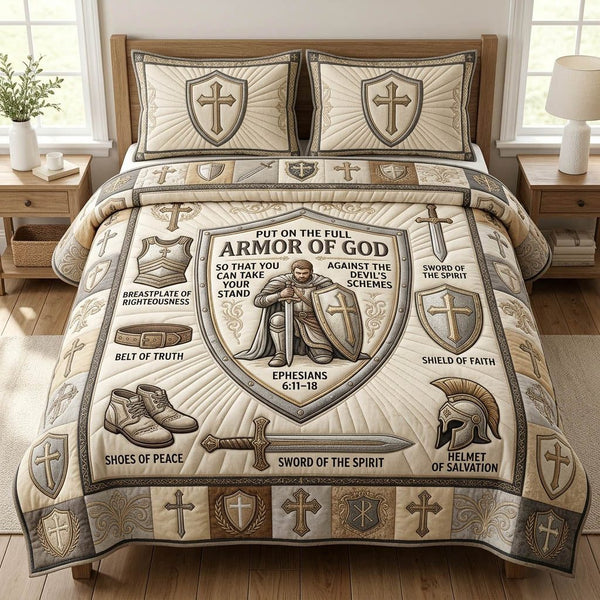 Armor Of God quilted 3-piece bedding set on a made bed in a softly lit bedroom