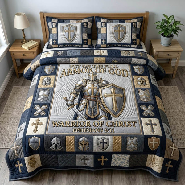Armor Of God quilted 3-piece bedding set on a made bed in a softly lit bedroom