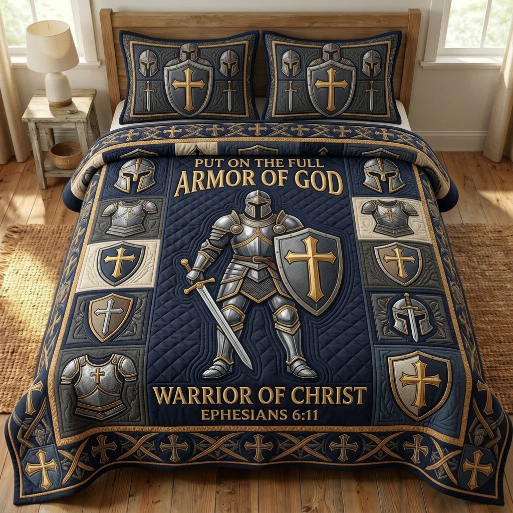 Armor Of God quilted 3-piece bedding set on a made bed in a softly lit bedroom