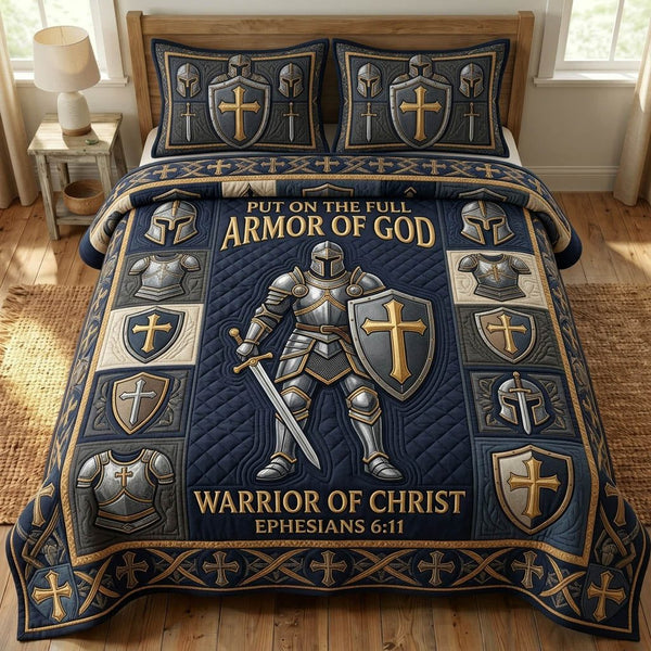 Armor Of God quilted 3-piece bedding set on a made bed in a softly lit bedroom
