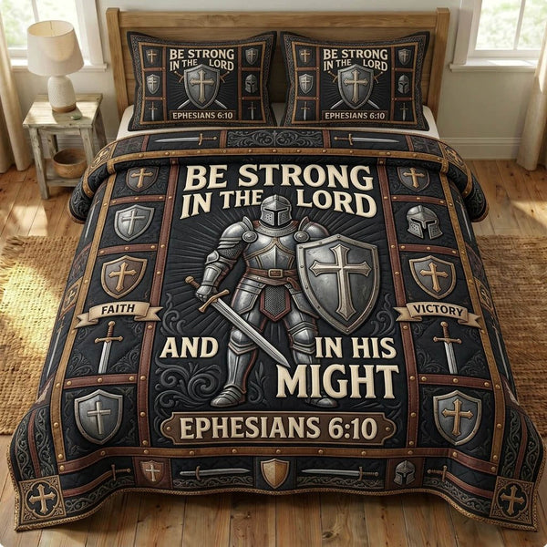 Armor Of God quilted 3-piece bedding set on a made bed in a softly lit bedroom