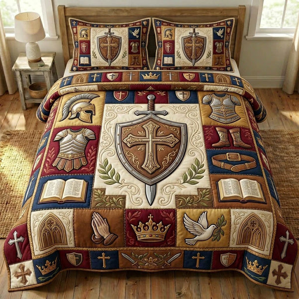 Armor Of God quilted 3-piece bedding set on a made bed in a softly lit bedroom