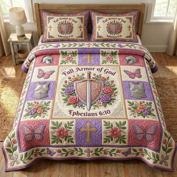 Armor Of God quilted 3-piece bedding set on a made bed in a softly lit bedroom
