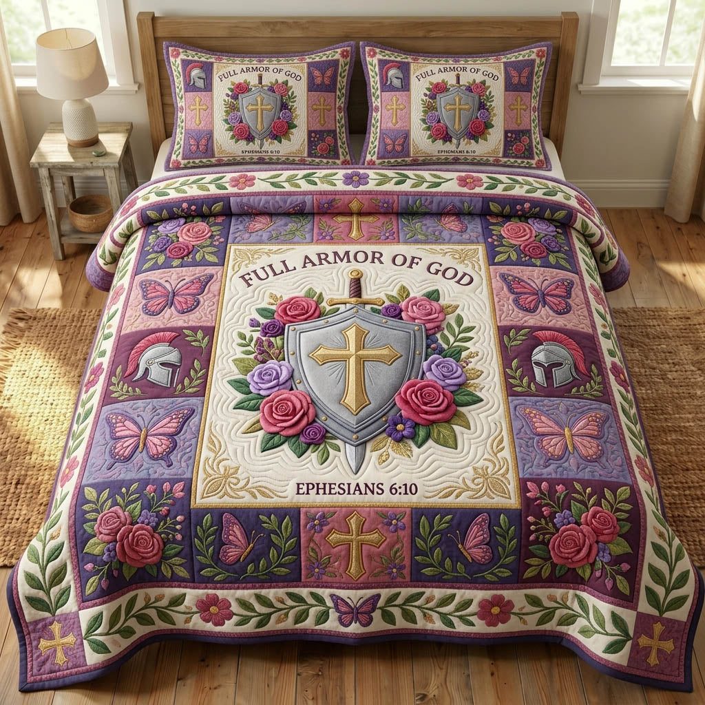 Armor Of God quilted 3-piece bedding set on a made bed in a softly lit bedroom