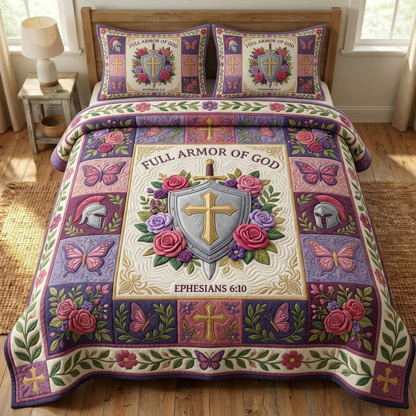 Armor Of God quilted 3-piece bedding set on a made bed in a softly lit bedroom