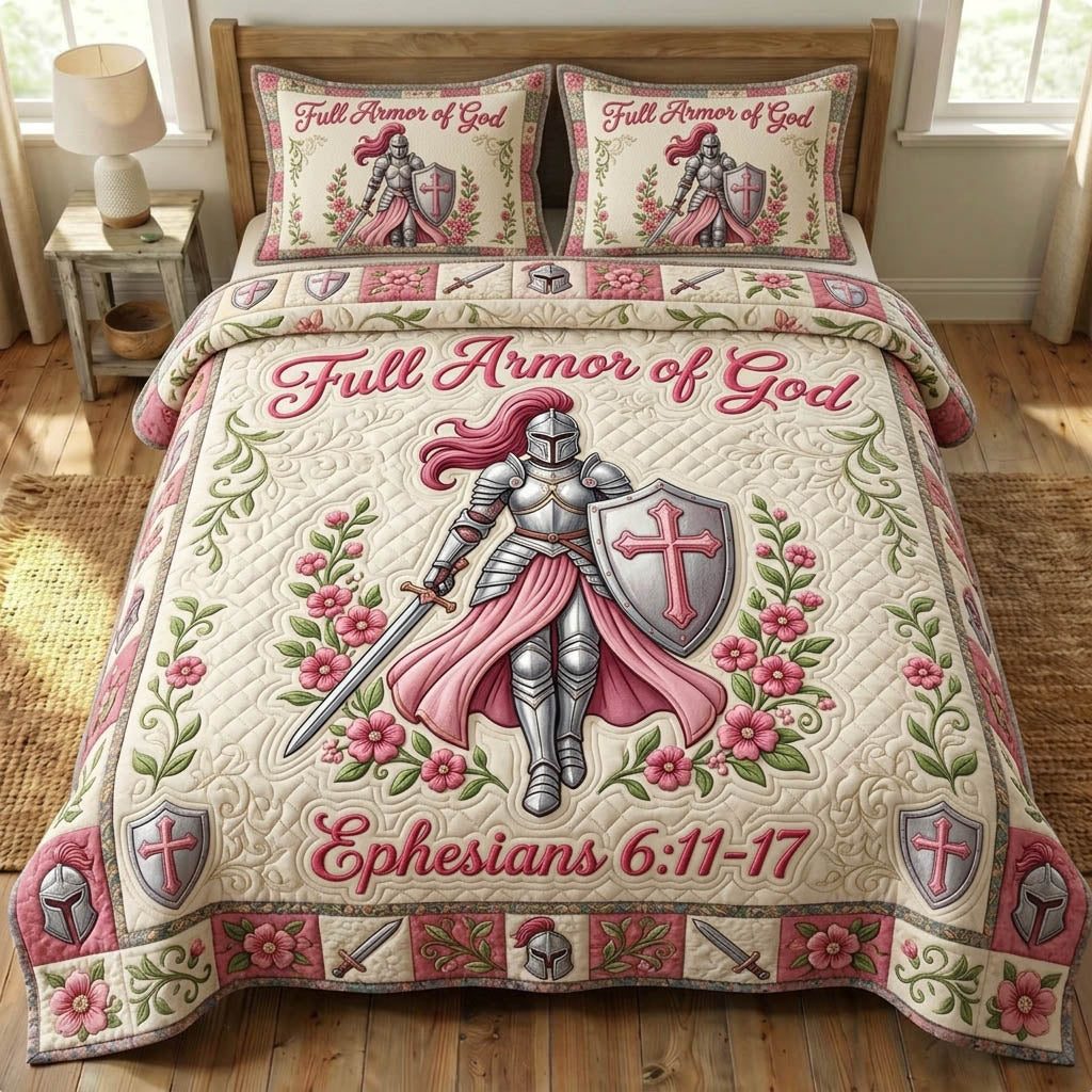 Armor Of God quilted 3-piece bedding set on a made bed in a softly lit bedroom