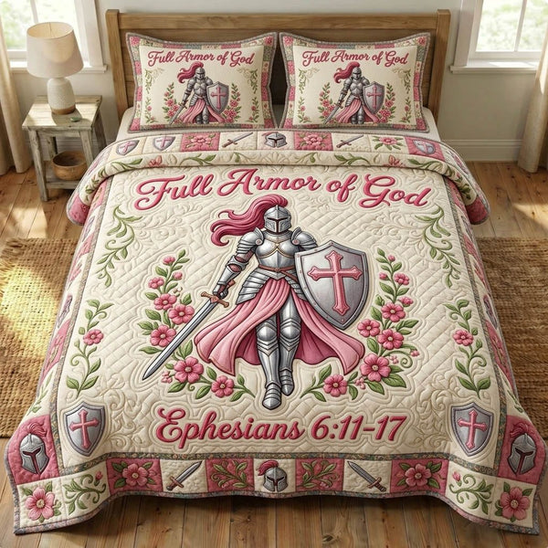 Armor Of God quilted 3-piece bedding set on a made bed in a softly lit bedroom