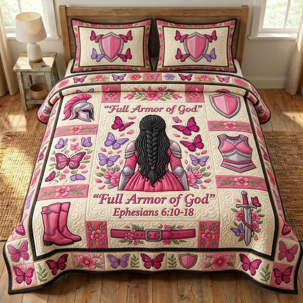 Armor Of God quilted 3-piece bedding set on a made bed in a softly lit bedroom