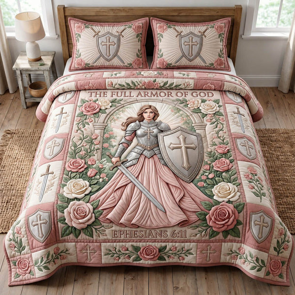 Armor Of God quilted 3-piece bedding set on a made bed in a softly lit bedroom