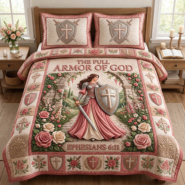 Armor Of God quilted 3-piece bedding set on a made bed in a softly lit bedroom