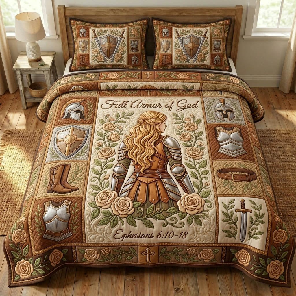 Armor Of God quilted 3-piece bedding set on a made bed in a softly lit bedroom